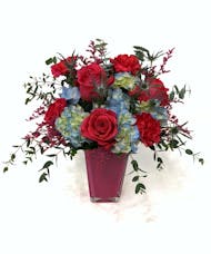 Fuchsia So Bright - Hot Pink Vase With Roses & Blue Hydrangea