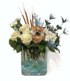 Bon Voyage - White Roses, Sola Flowers & Aquamarine Accents