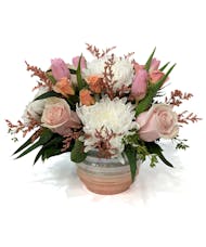 Aphrodite - Pink Roses & Tulips With A Iridescent Vase