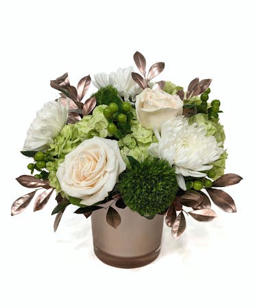 Moonstruck - Rose Gold Vase with White Roses & Green Hydrangea