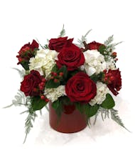 Head Over Heels - Red Roses & Hydrangea In A Compact Red Vase